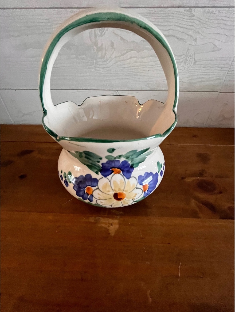 Vintage Italian Hand-Painted Ceramic Basket Vase, Blue & Yellow Floral FTD Plant